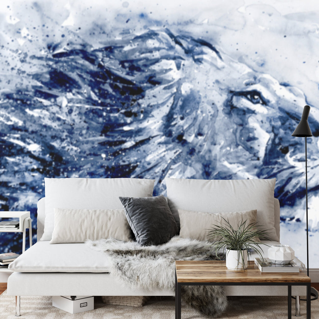 Papier peint panoramique Lion à l'aquarelle — bleu indigo sur blanc