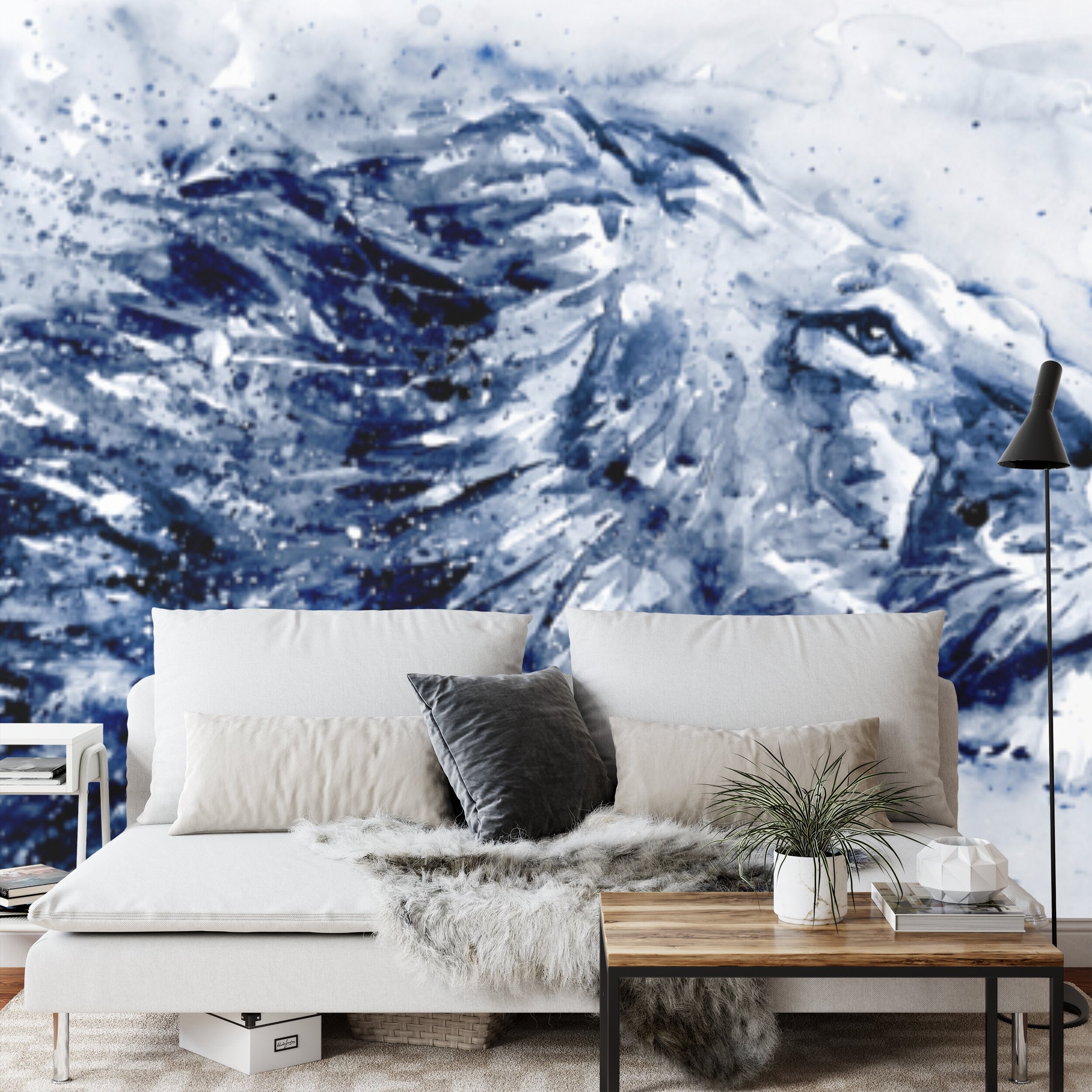 Papier peint panoramique Lion à l'aquarelle — bleu indigo sur blanc