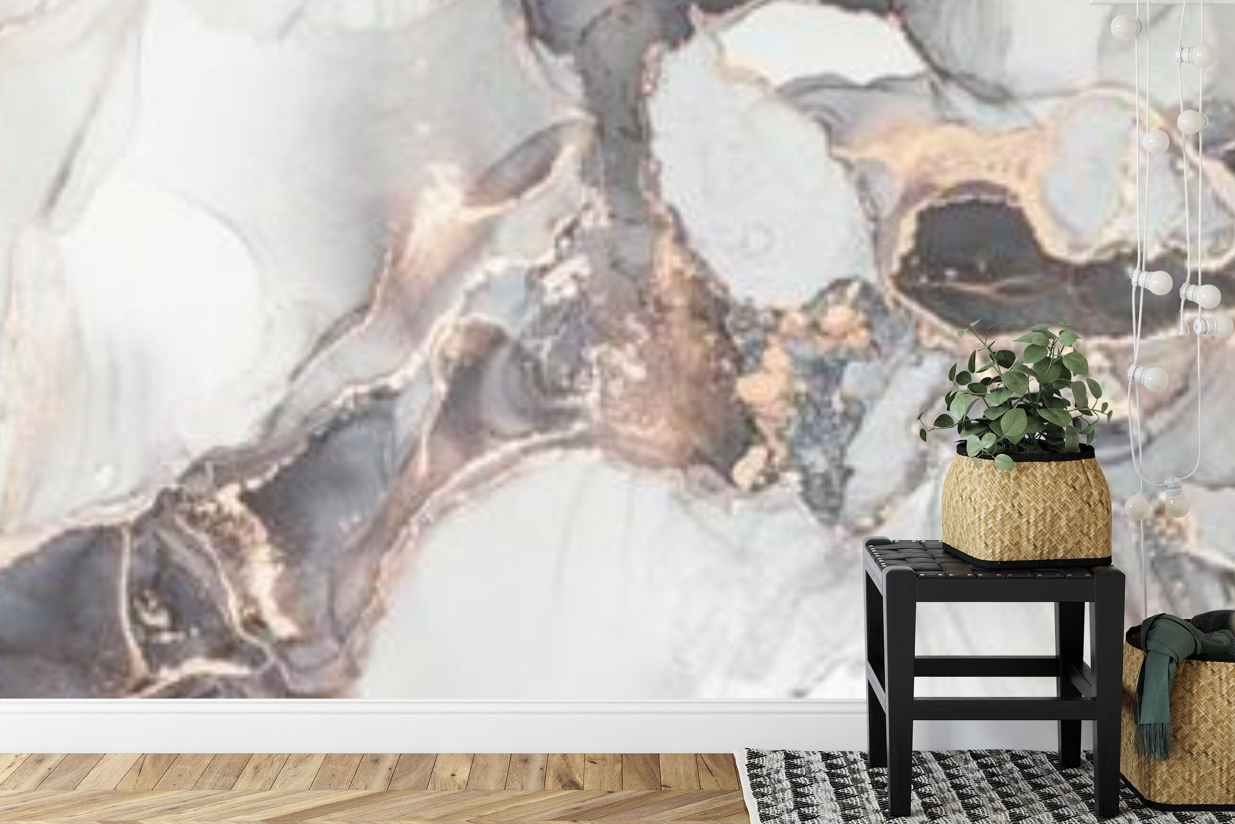 Papier peint panoramique Marbre cuivré — encre blanche et veines de cuivre