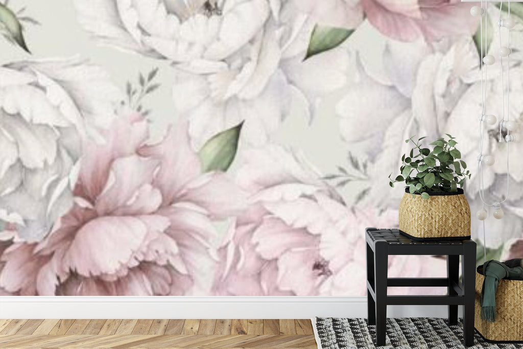 Papier peint panoramique Pivoines à l'aquarelle — floral rose poudré
