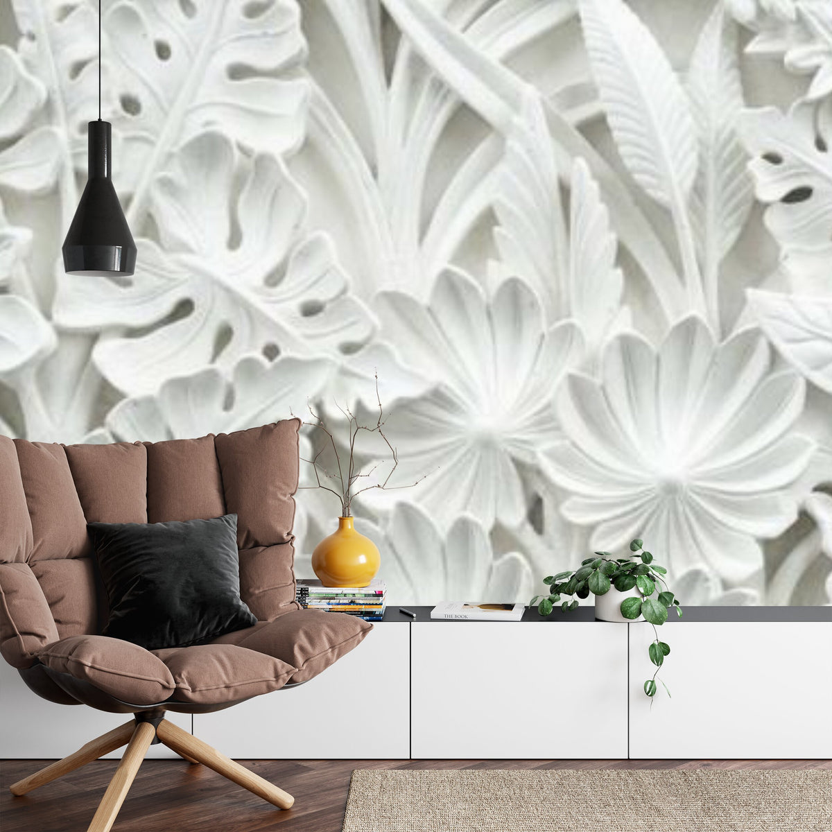 Papier peint panoramique Feuillage sculpté — relief blanc en pierre