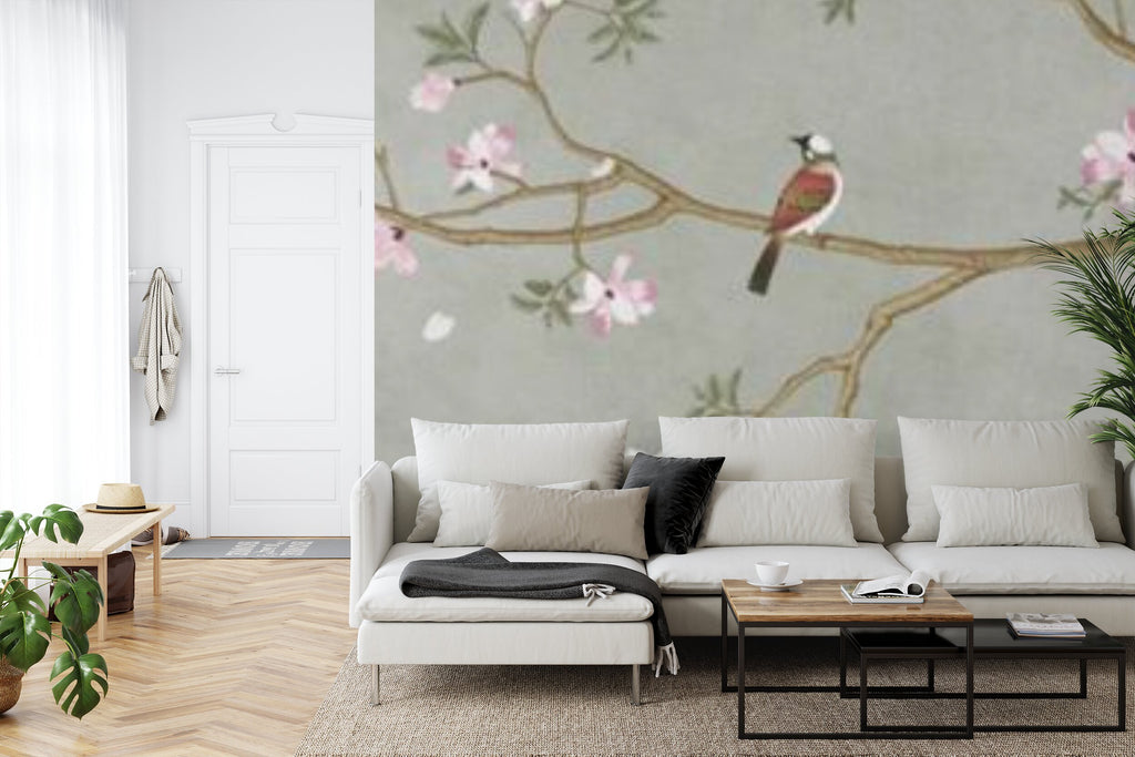 Papier peint panoramique Cerfs et magnolias en fleurs — chinoiserie vert de gris