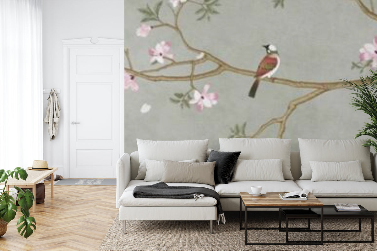 Papier peint panoramique Cerfs et magnolias en fleurs — chinoiserie vert de gris