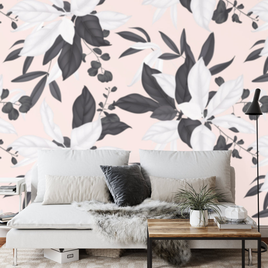 Papier peint panoramique Feuillage noir et blanc sur rose — motif graphique