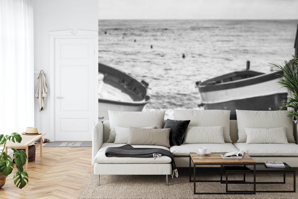 Papier peint panoramique Barques de pêche — paysage marin noir et blanc