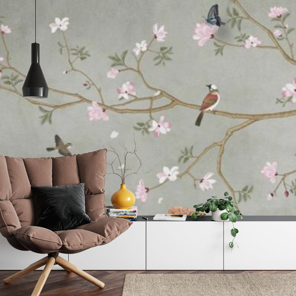Papier peint panoramique Cerfs et magnolias en fleurs — chinoiserie vert de gris