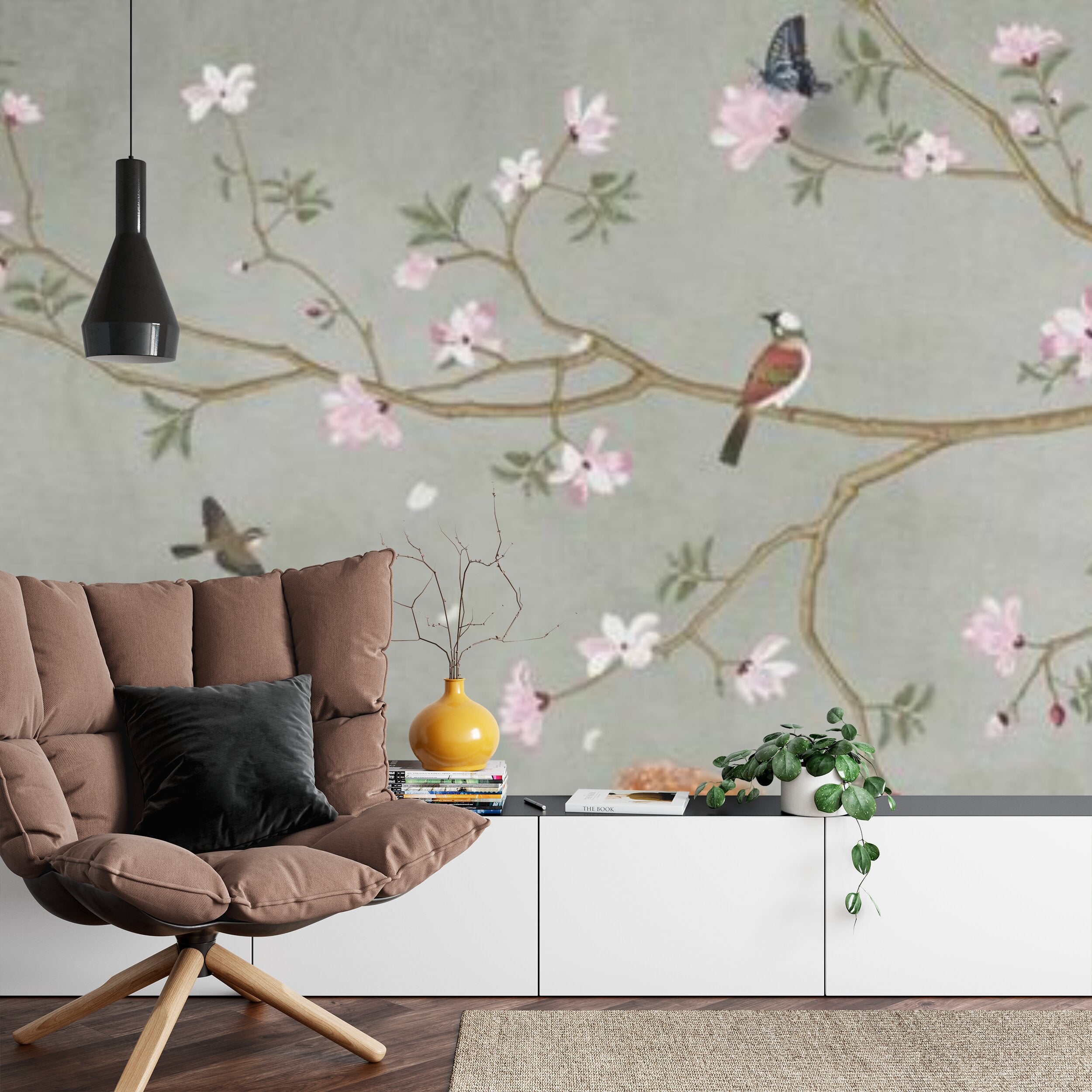 Papier peint panoramique Cerfs et magnolias en fleurs — chinoiserie vert de gris