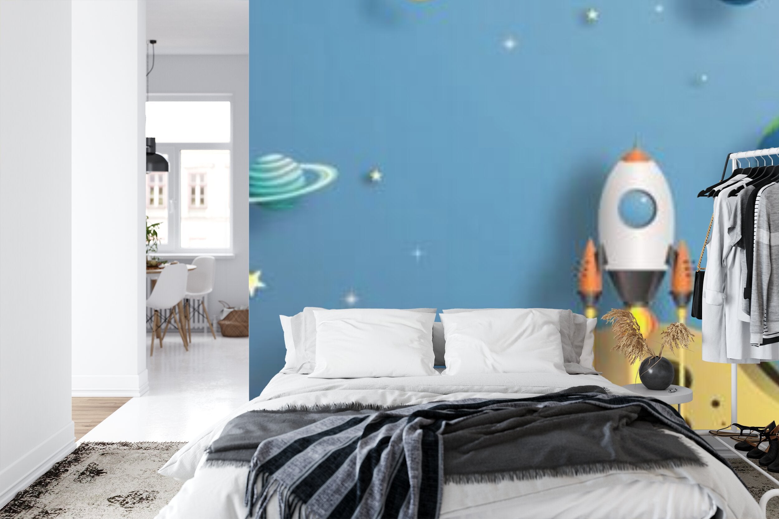 Papier peint panoramique Fusée et planètes — décor enfant espace
