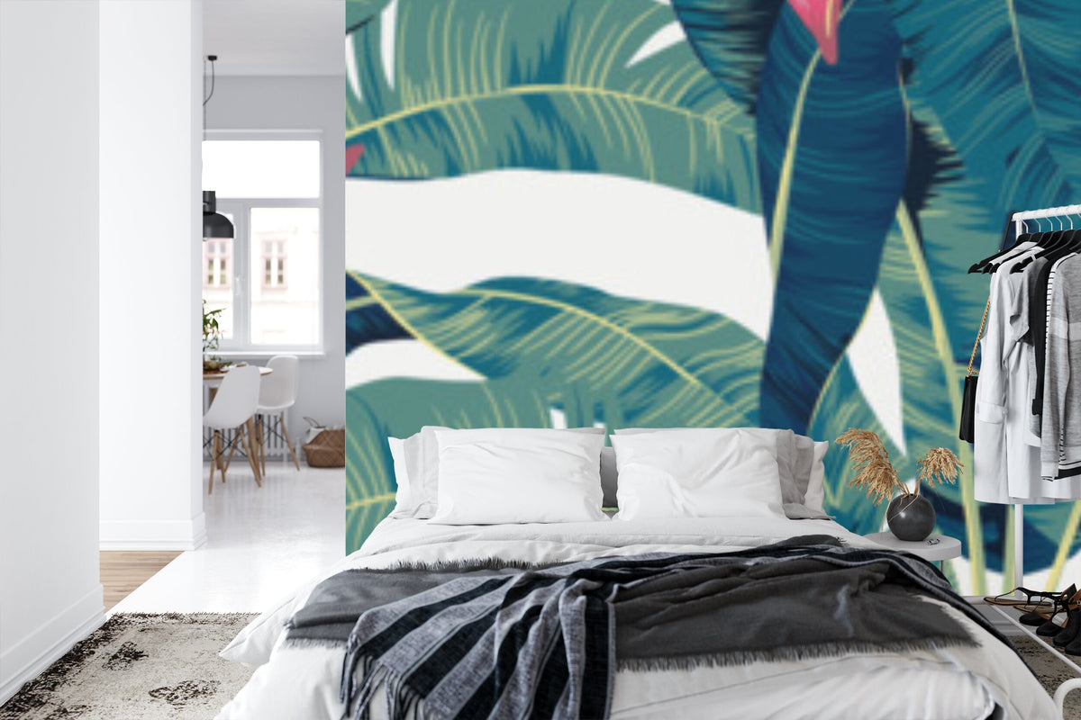 Papier peint panoramique Bananiers en fleurs — feuillage tropical vert émeraude