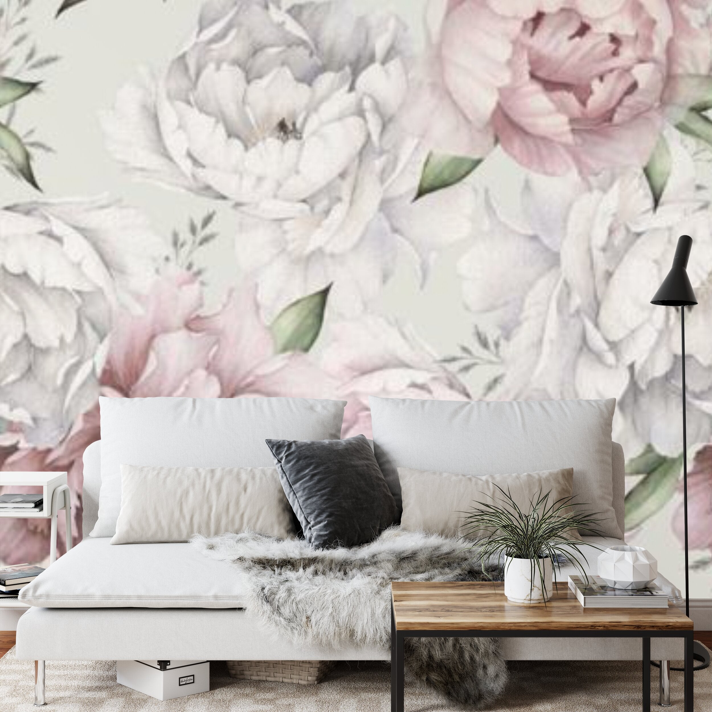 Papier peint panoramique Pivoines à l'aquarelle — floral rose poudré