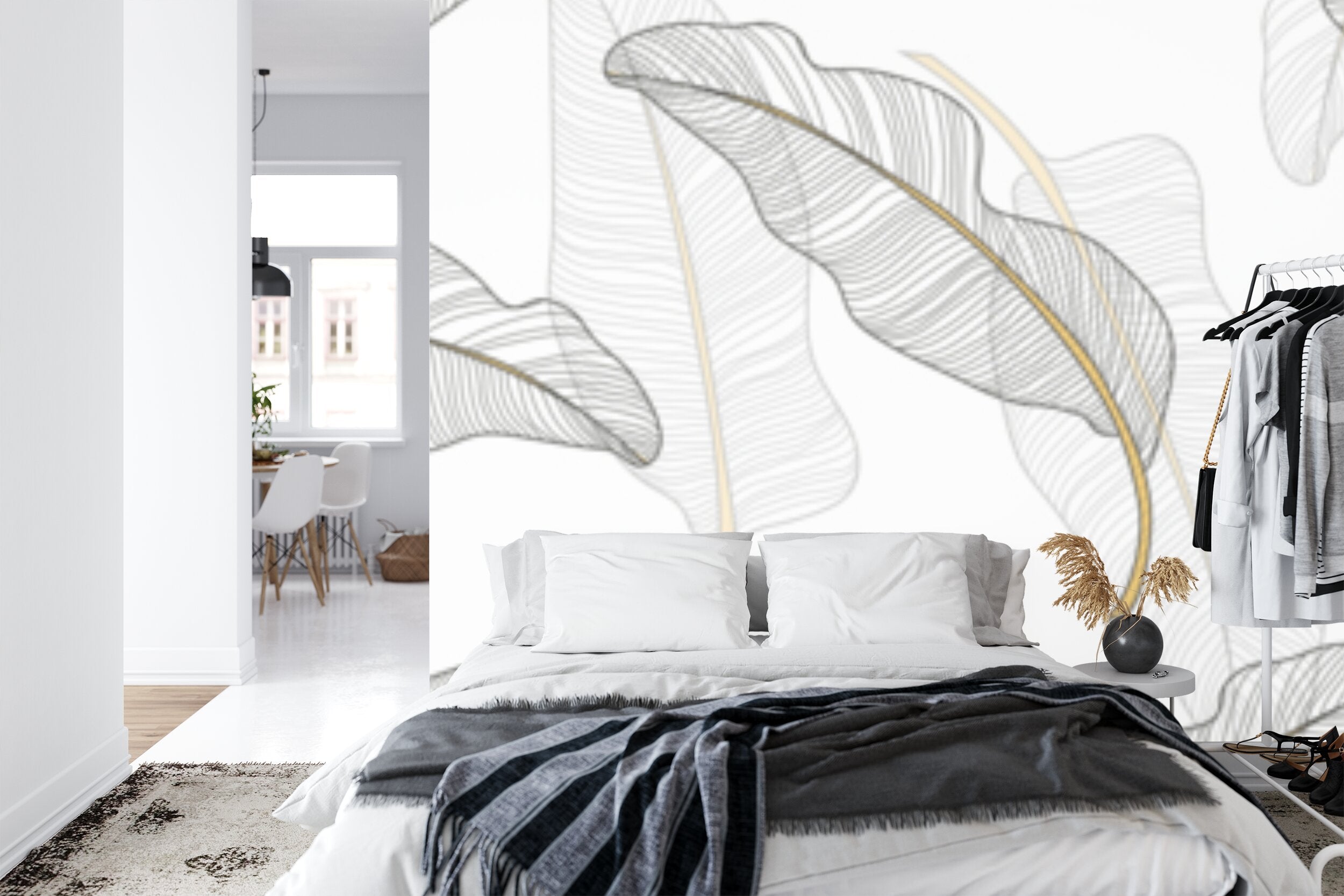 Papier peint panoramique Feuilles au trait doré — motif graphique épuré