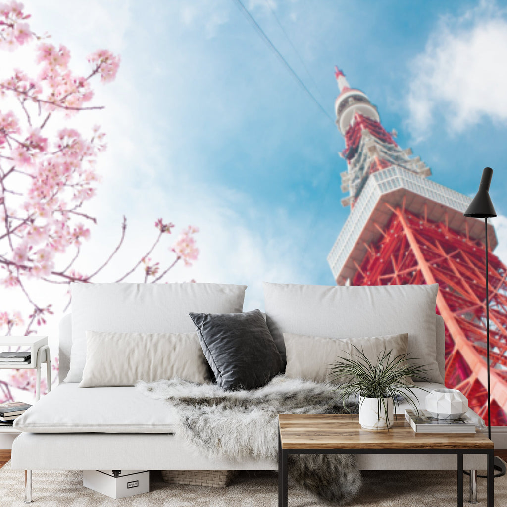 Papier peint panoramique Tour de Tokyo — cerisiers en fleurs et ciel bleu