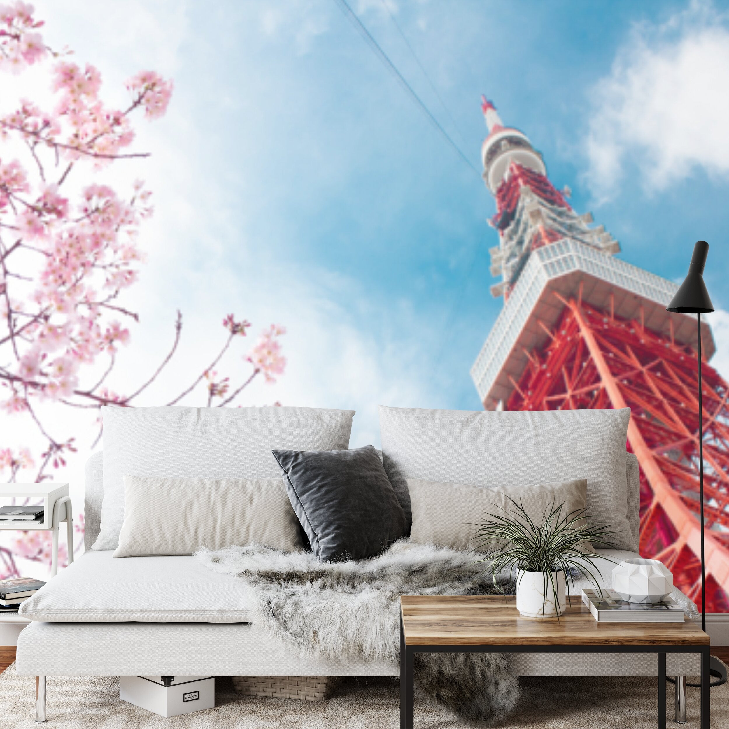 Papier peint panoramique Tour de Tokyo — cerisiers en fleurs et ciel bleu