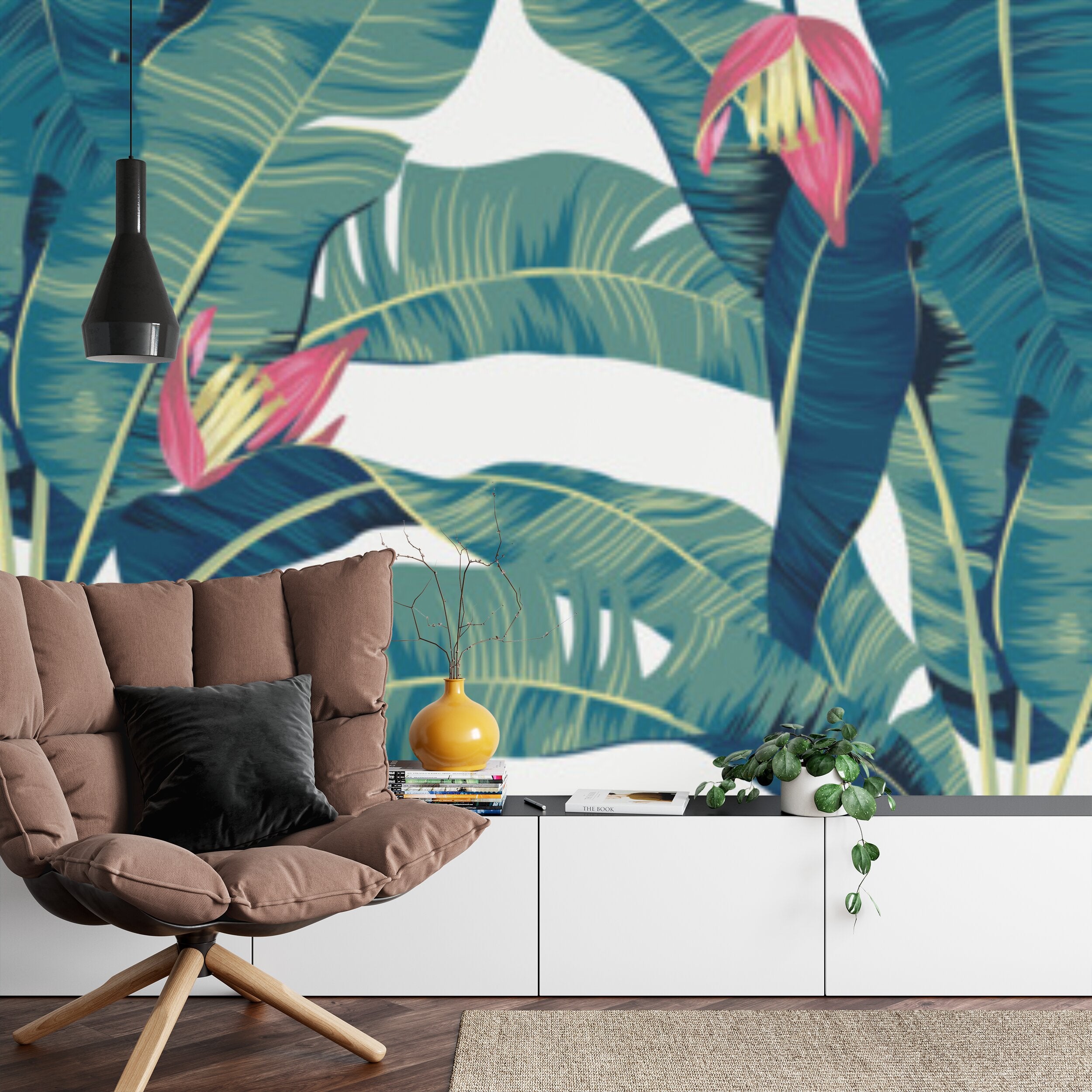 Papier peint panoramique Bananiers en fleurs — feuillage tropical vert émeraude
