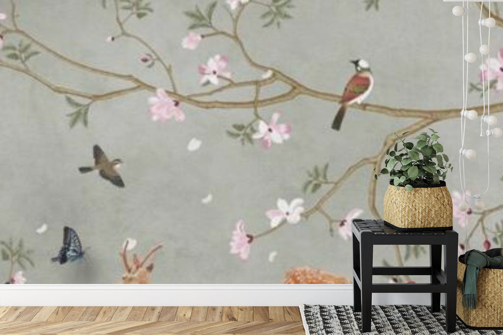 Papier peint panoramique Cerfs et magnolias en fleurs — chinoiserie vert de gris