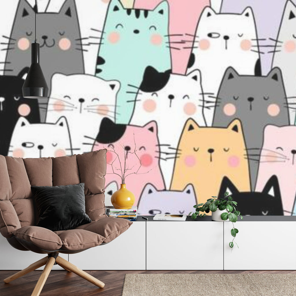 Papier peint panoramique Chats pastel — décor enfant tout en douceur