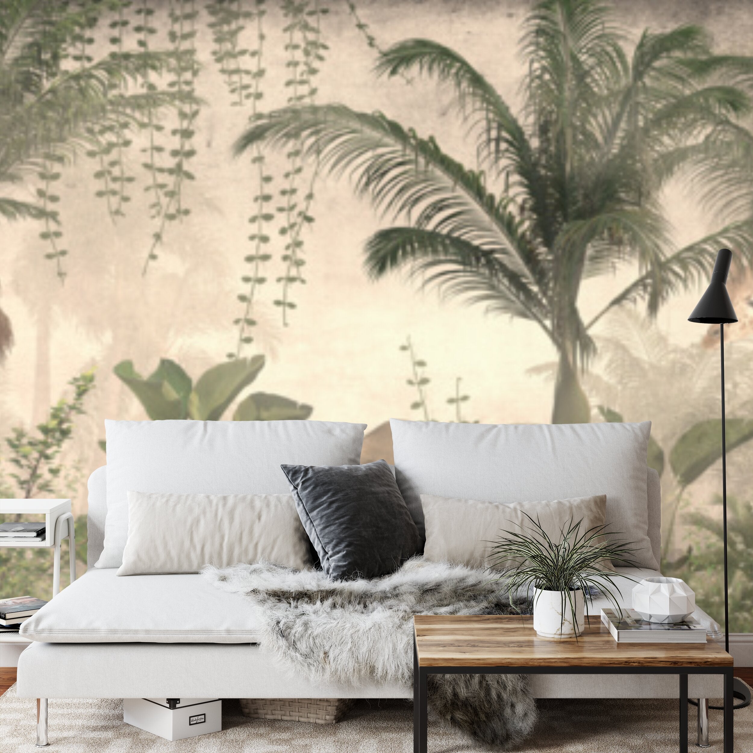 Papier peint panoramique Jungle sépia — éléphant et girafe dans la brume