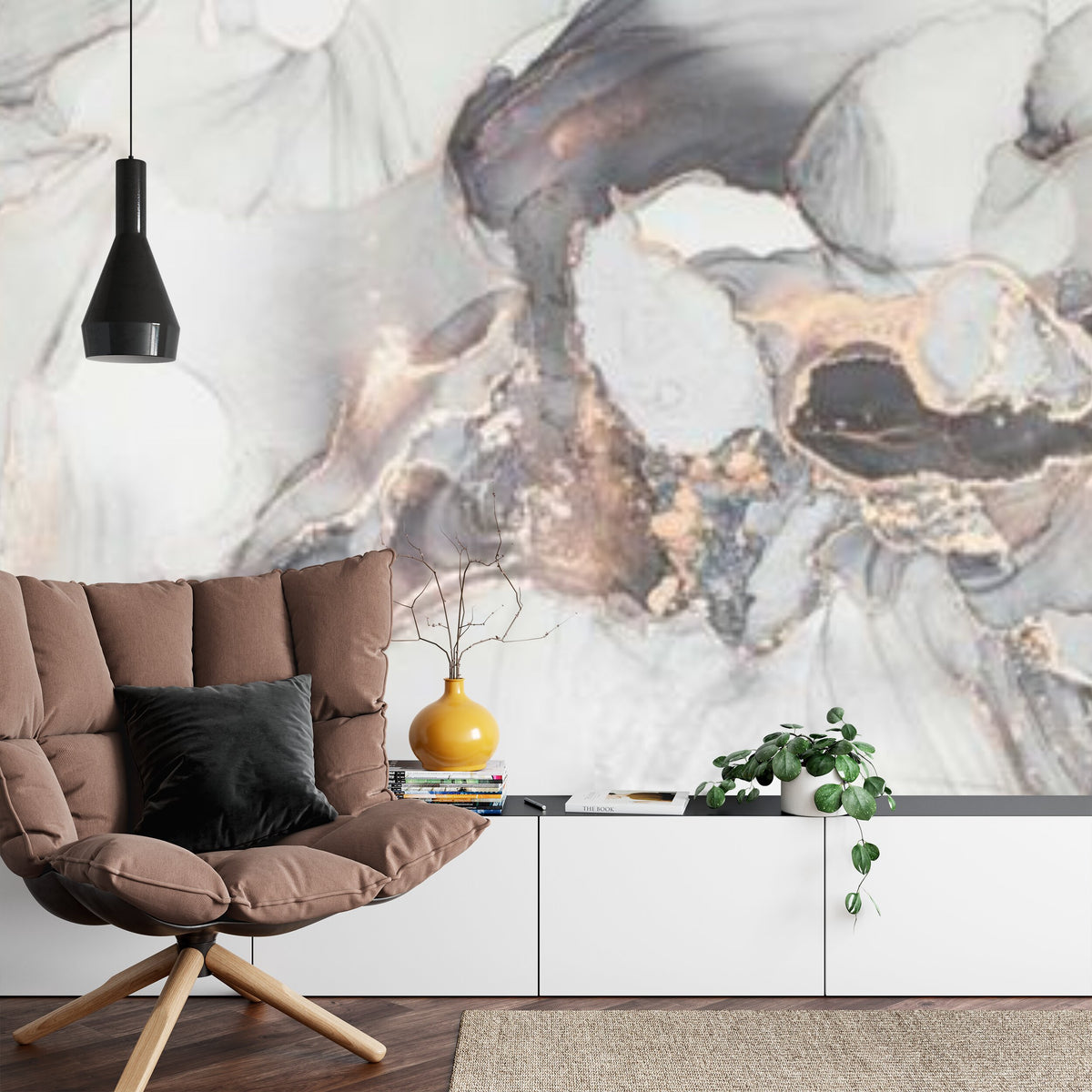 Papier peint panoramique Marbre cuivré — encre blanche et veines de cuivre