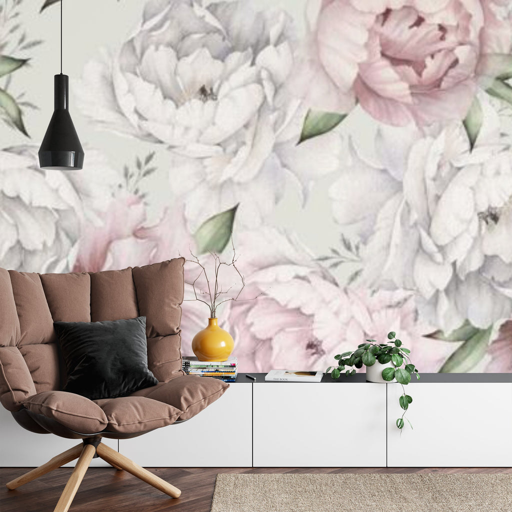 Papier peint panoramique Pivoines à l'aquarelle — floral rose poudré