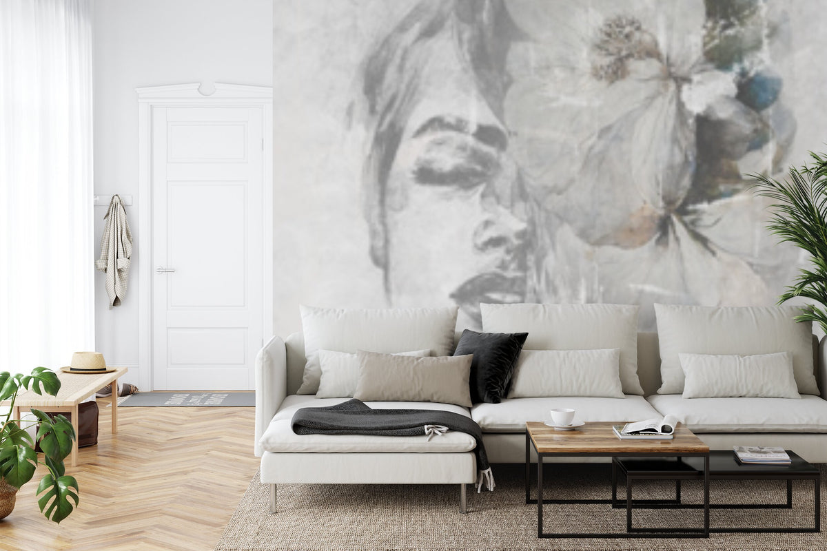 Papier peint panoramique Visage à l'aquarelle — portrait contemporain gris perle