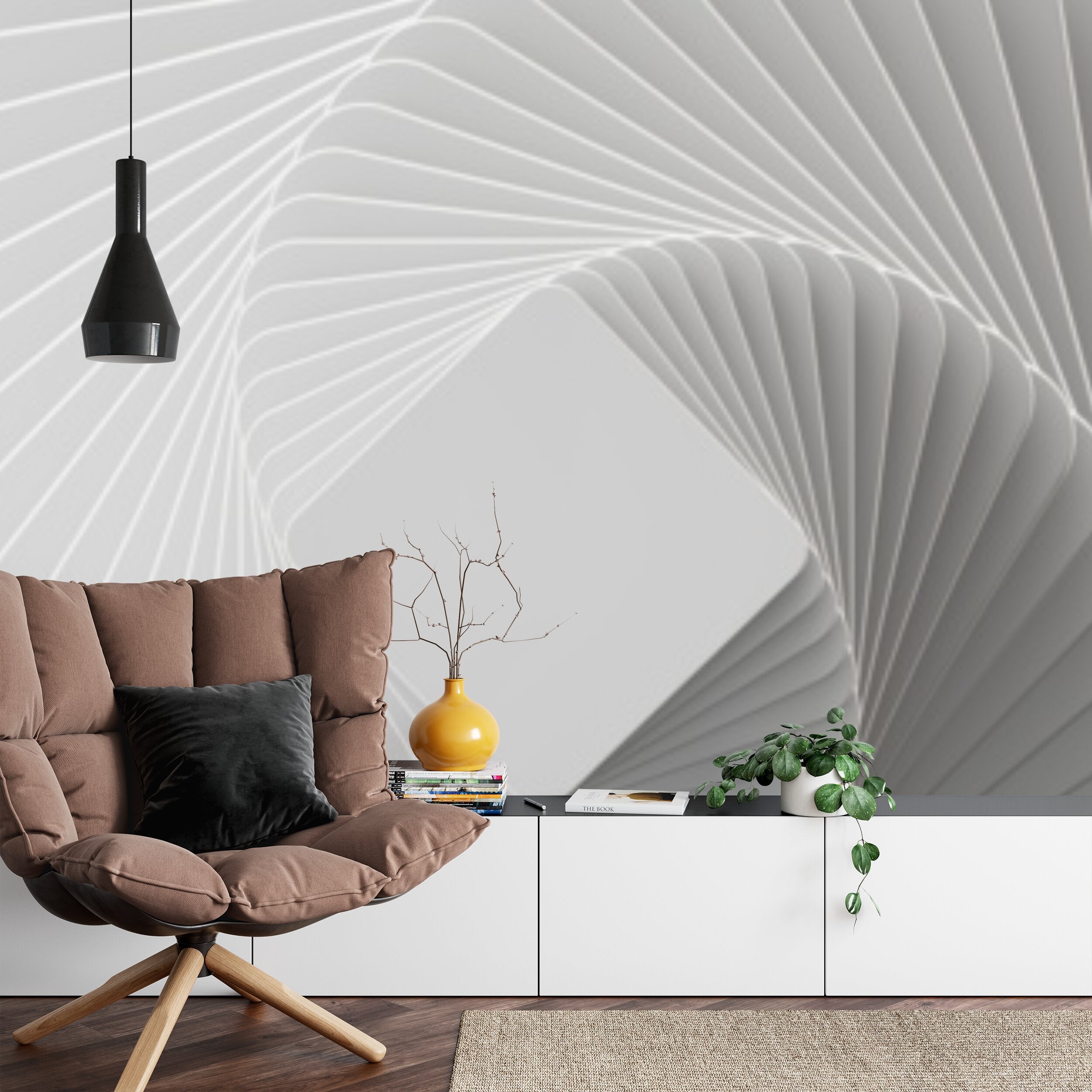 Papier peint panoramique Spirale blanche — relief géométrique en trompe-l'œil