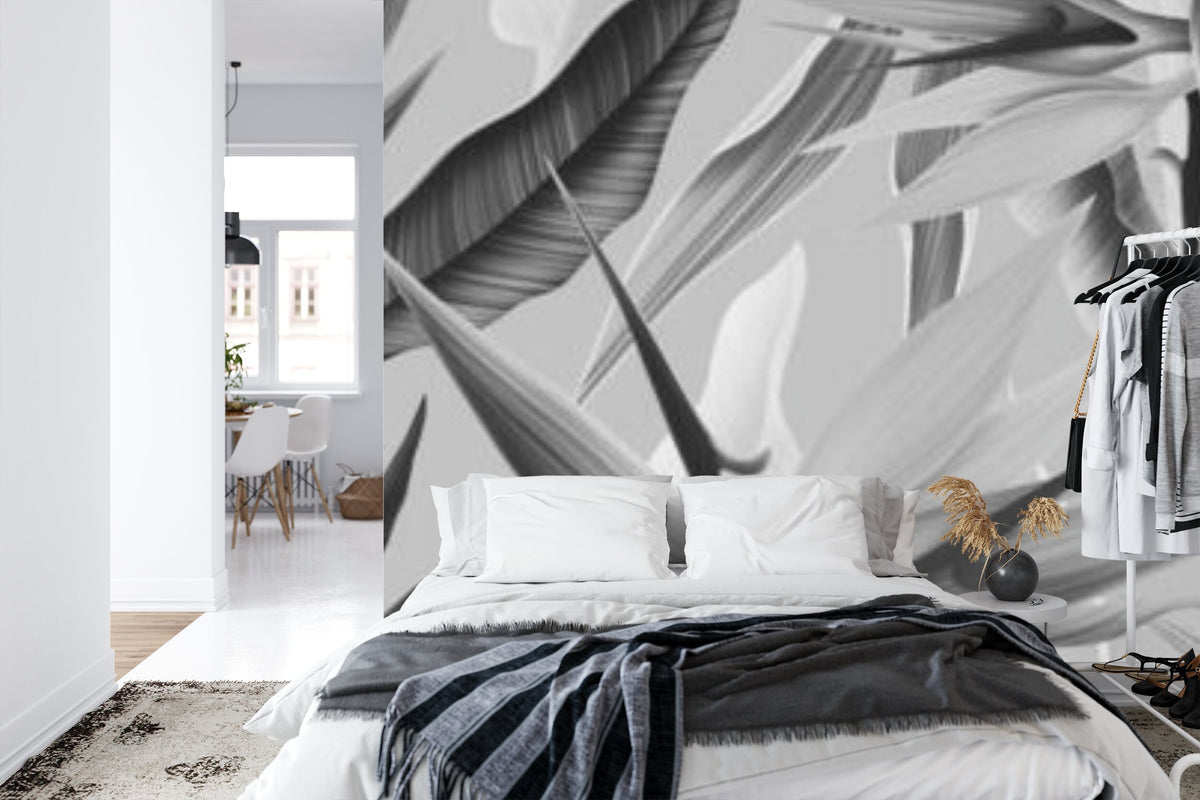 Papier peint panoramique Feuillage monochrome — tropical noir et blanc