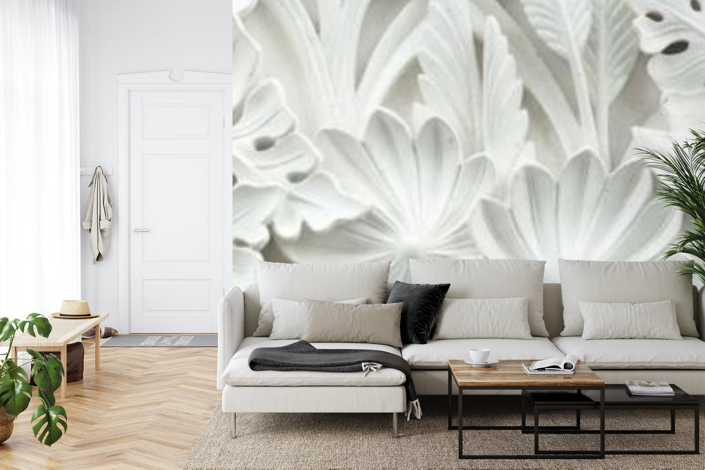 Papier peint panoramique Feuillage sculpté — relief blanc en pierre