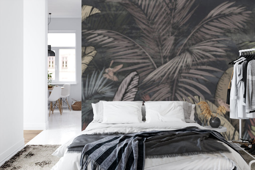 Papier peint panoramique Jungle nocturne — feuillage tropical fond anthracite