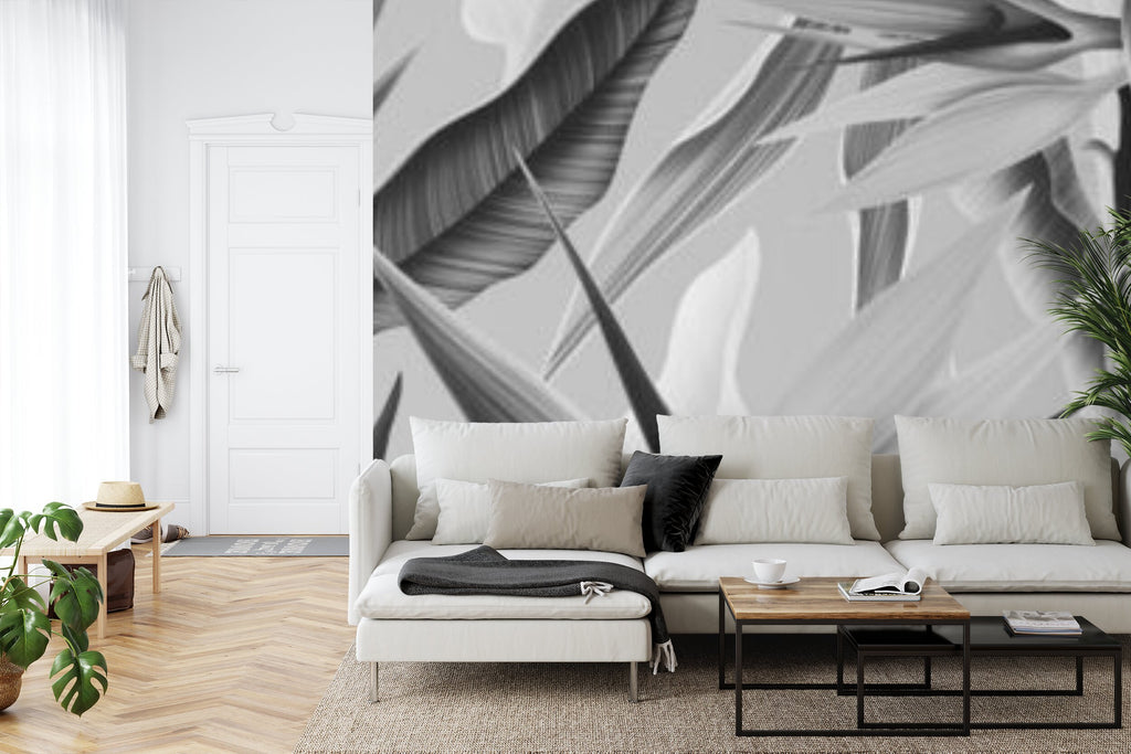 Papier peint panoramique Feuillage monochrome — tropical noir et blanc