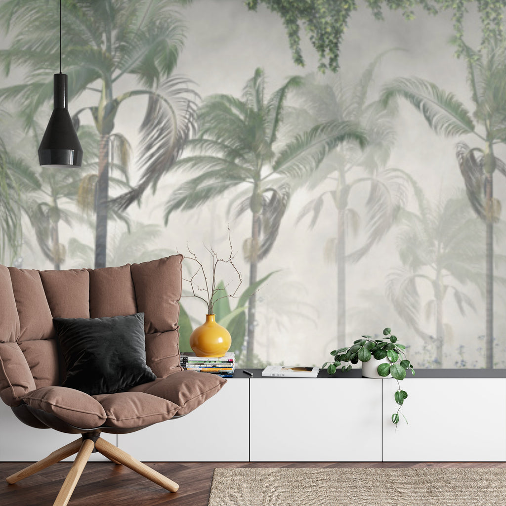 Papier peint panoramique Palmeraie brumeuse — paysage tropical vert amande