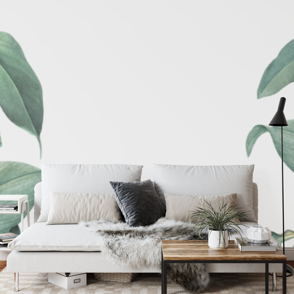 Papier peint panoramique Feuillage sauge — feuilles vert d'eau sur fond gris perle