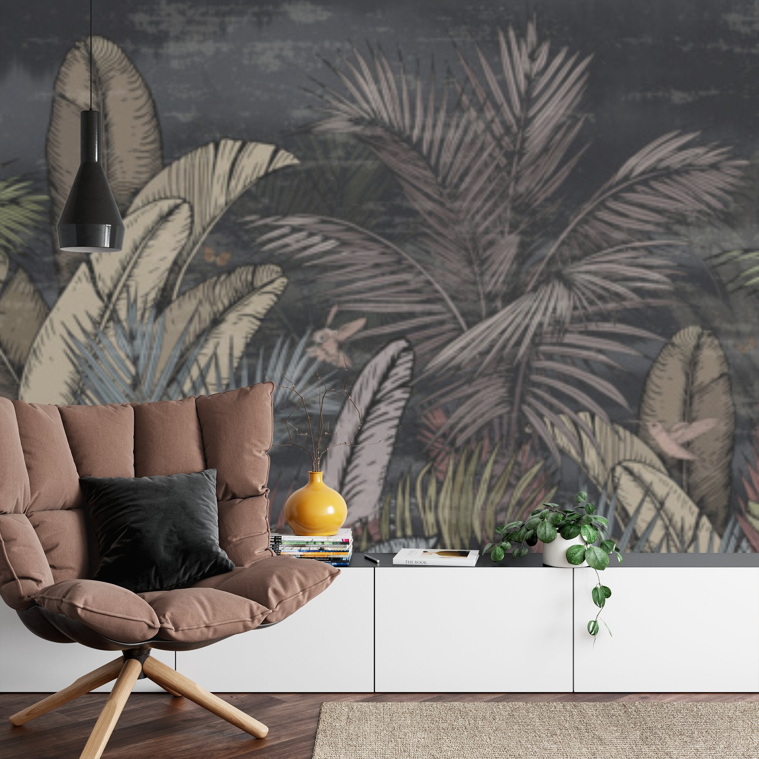 Papier peint panoramique Jungle nocturne — feuillage tropical fond anthracite
