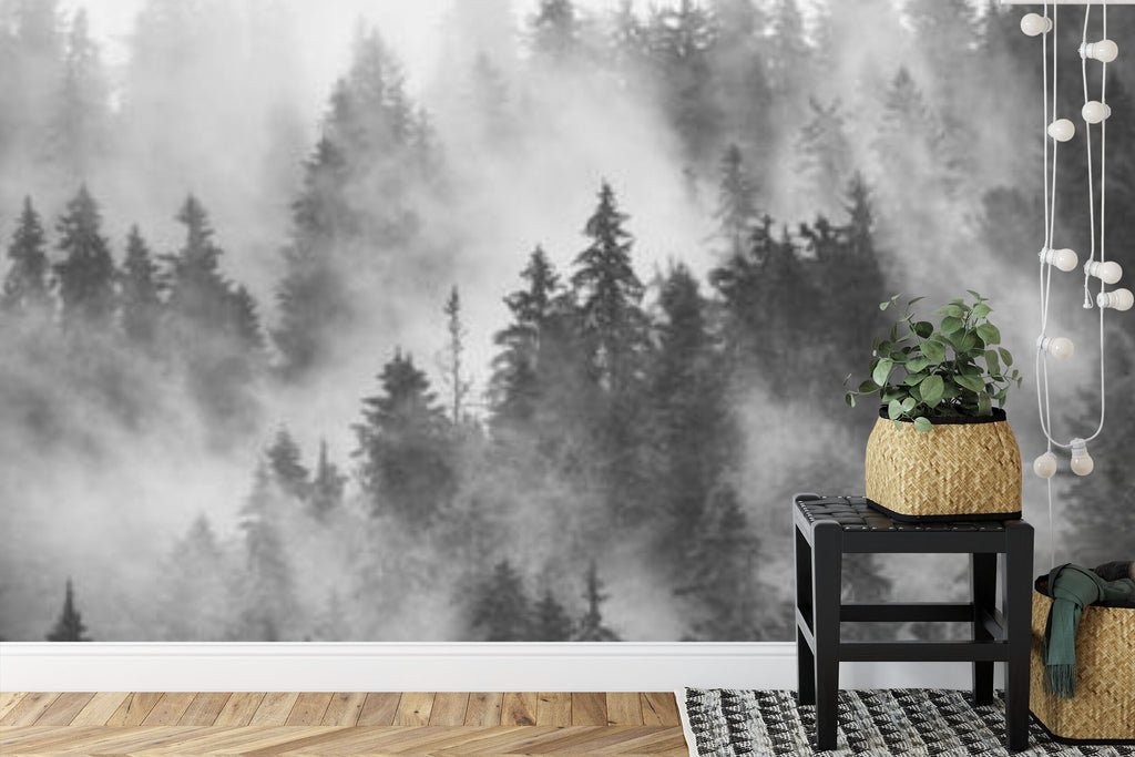 Papier peint panoramique Forêt de brume — paysage noir et blanc
