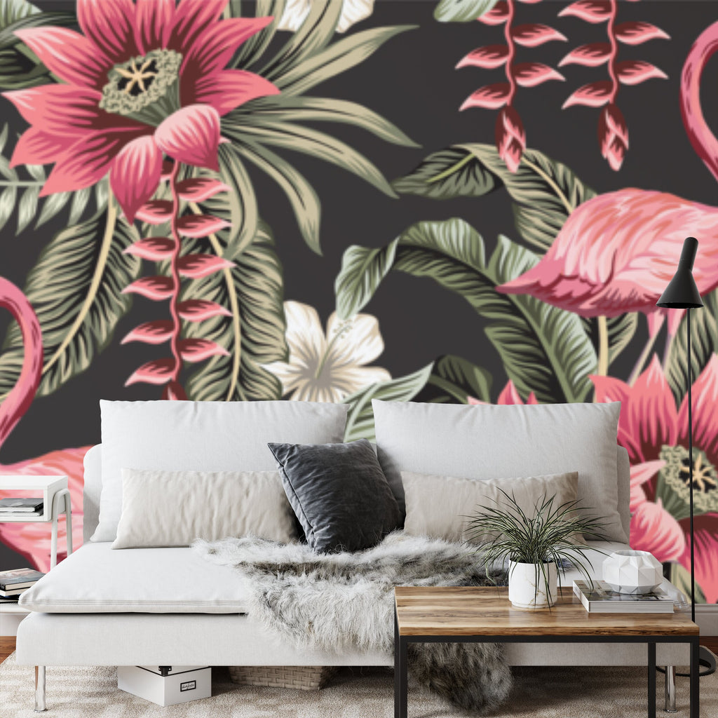 Papier peint panoramique Flamants roses — fleurs tropicales sur fond noir