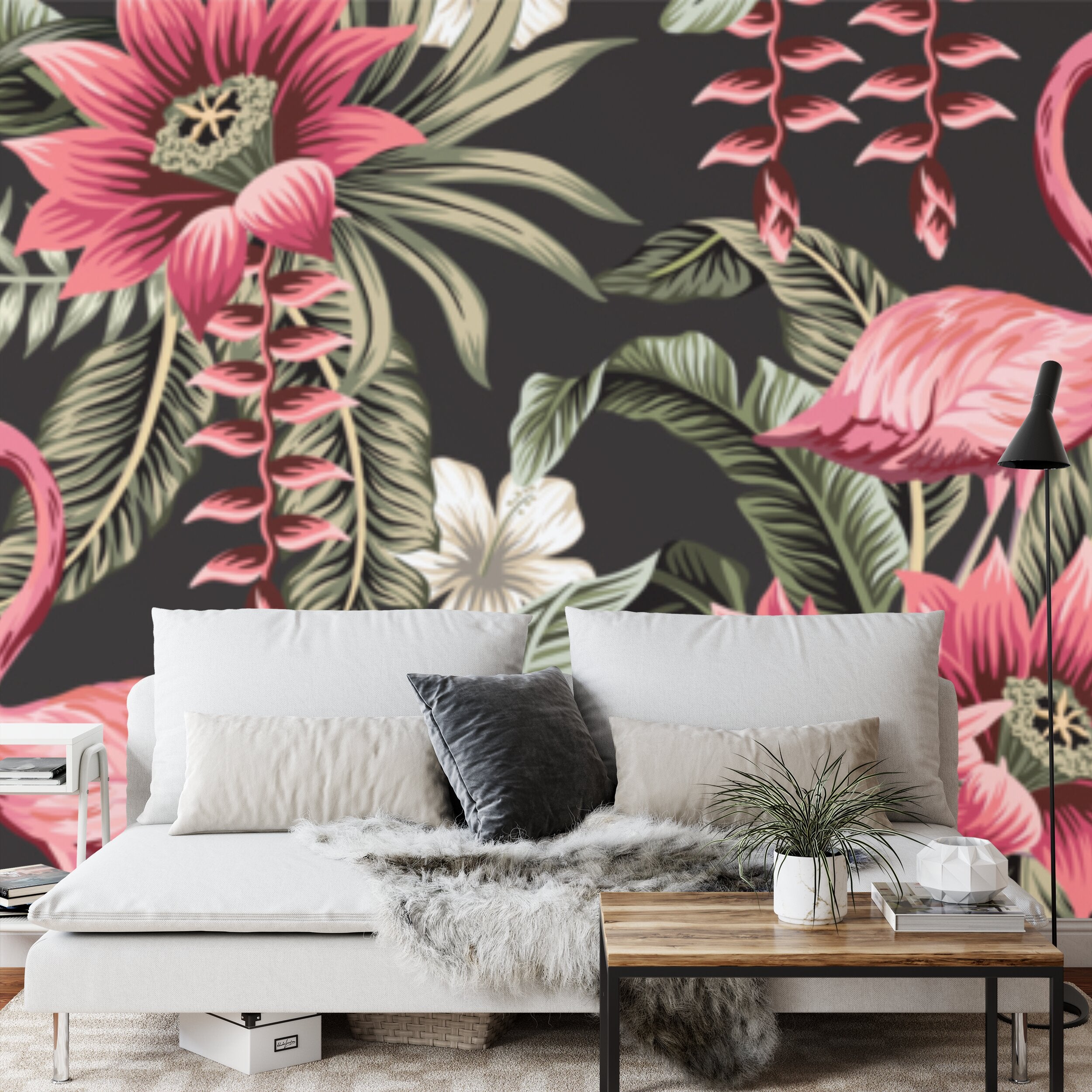 Papier peint panoramique Flamants roses — fleurs tropicales sur fond noir