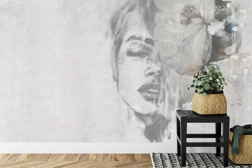 Papier peint panoramique Visage à l'aquarelle — portrait contemporain gris perle