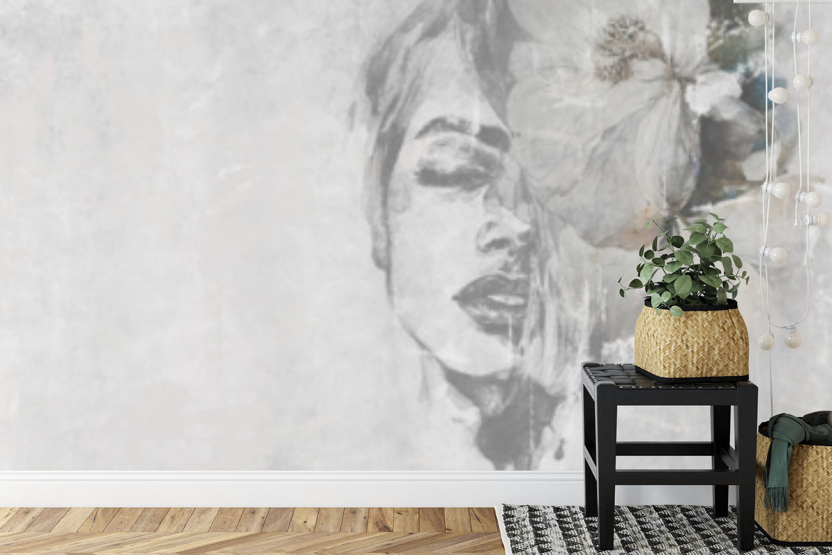 Papier peint panoramique Visage à l'aquarelle — portrait contemporain gris perle