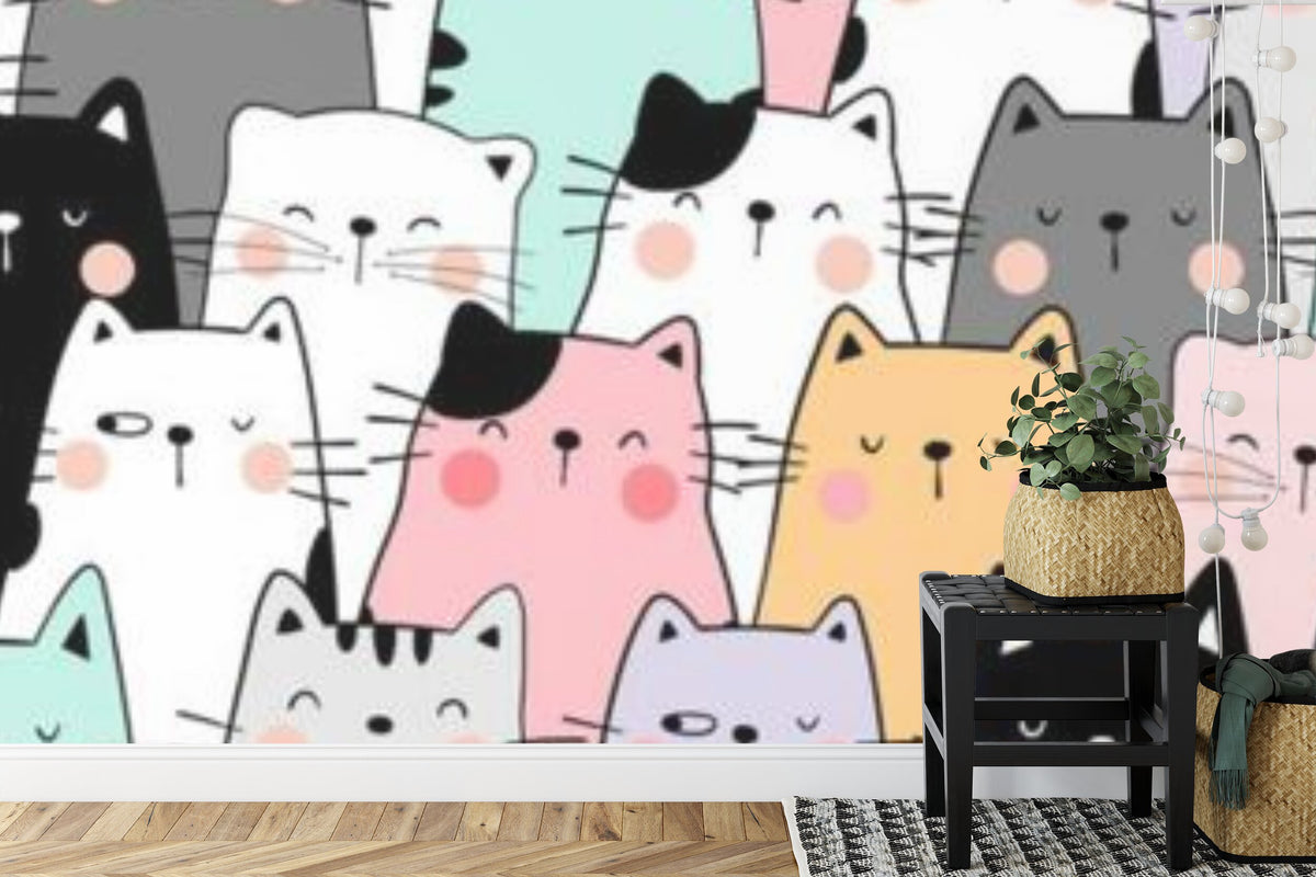Papier peint panoramique Chats pastel — décor enfant tout en douceur
