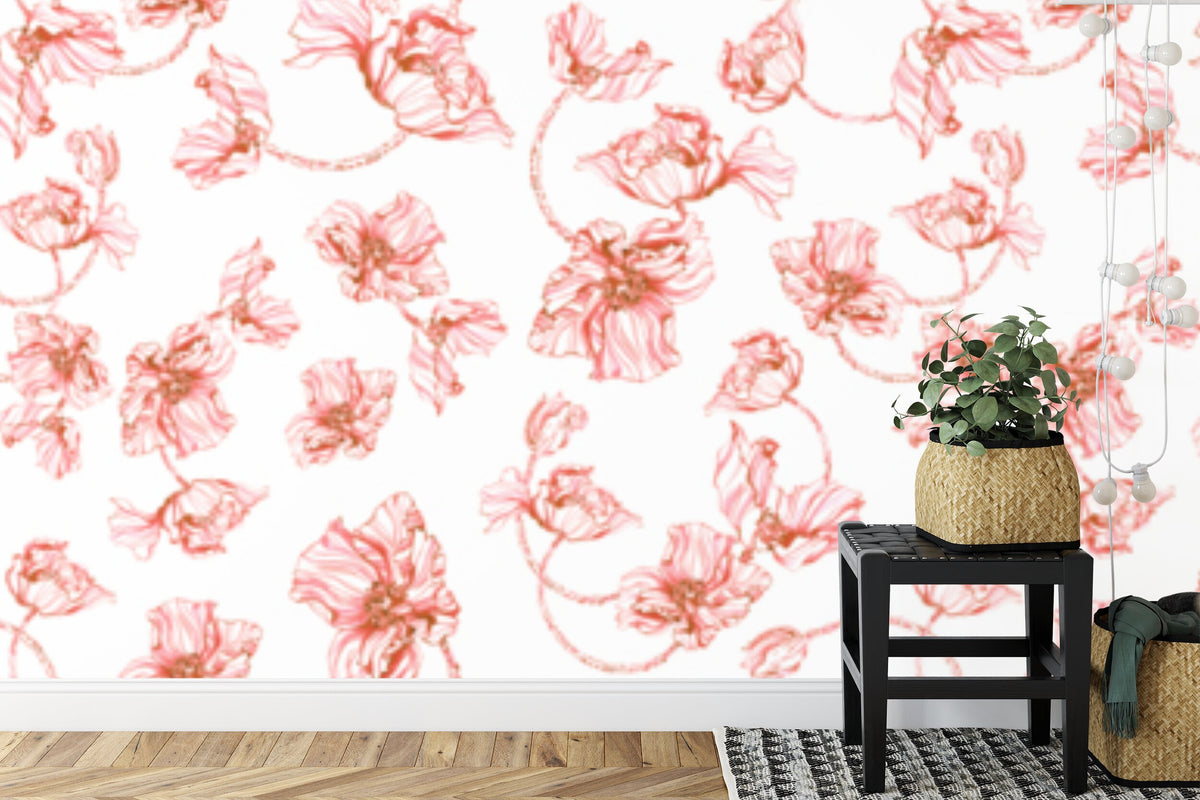 Papier peint panoramique Coquelicots au trait — motif floral corail