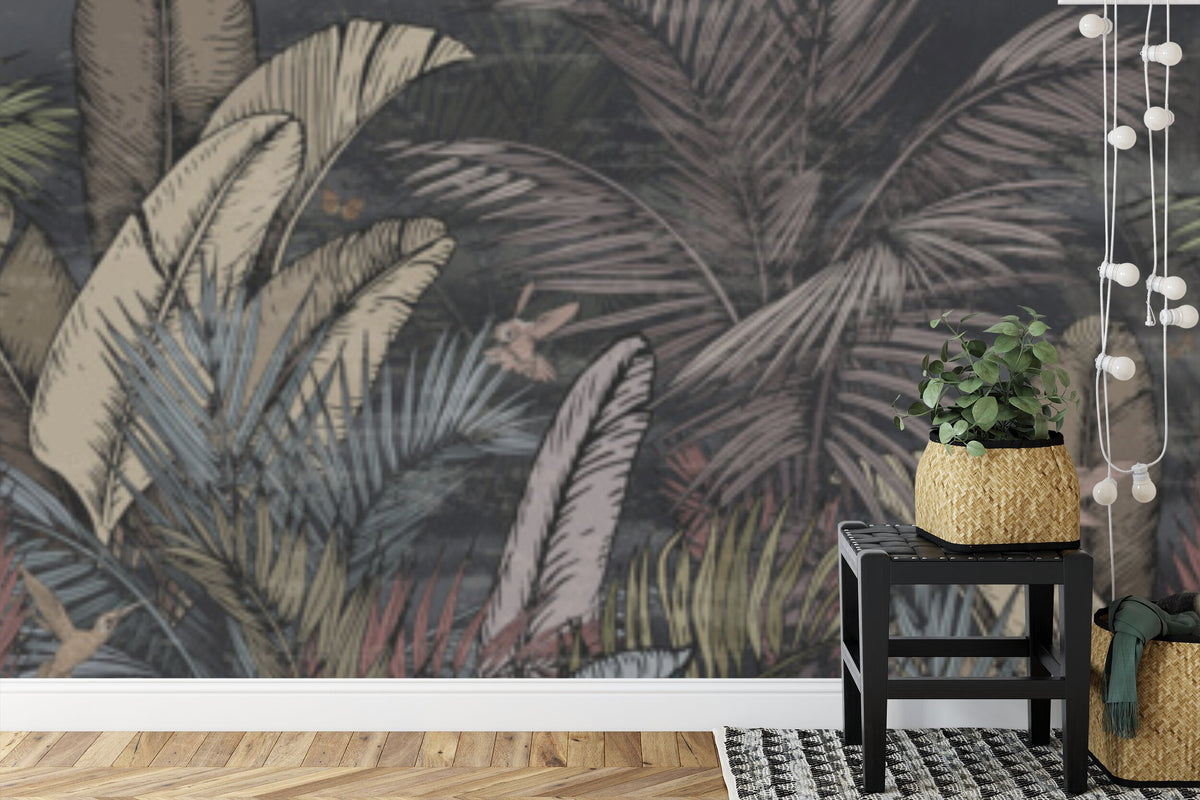 Papier peint panoramique Jungle nocturne — feuillage tropical fond anthracite