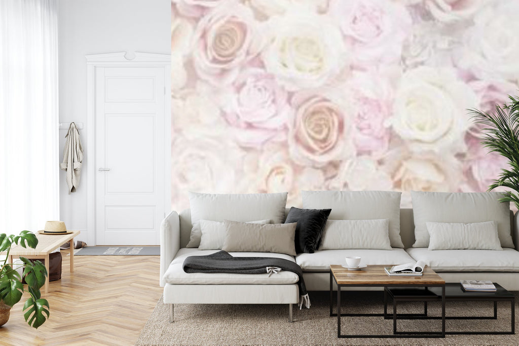 Papier peint panoramique Mur de roses — fleurs poudrées rose et ivoire