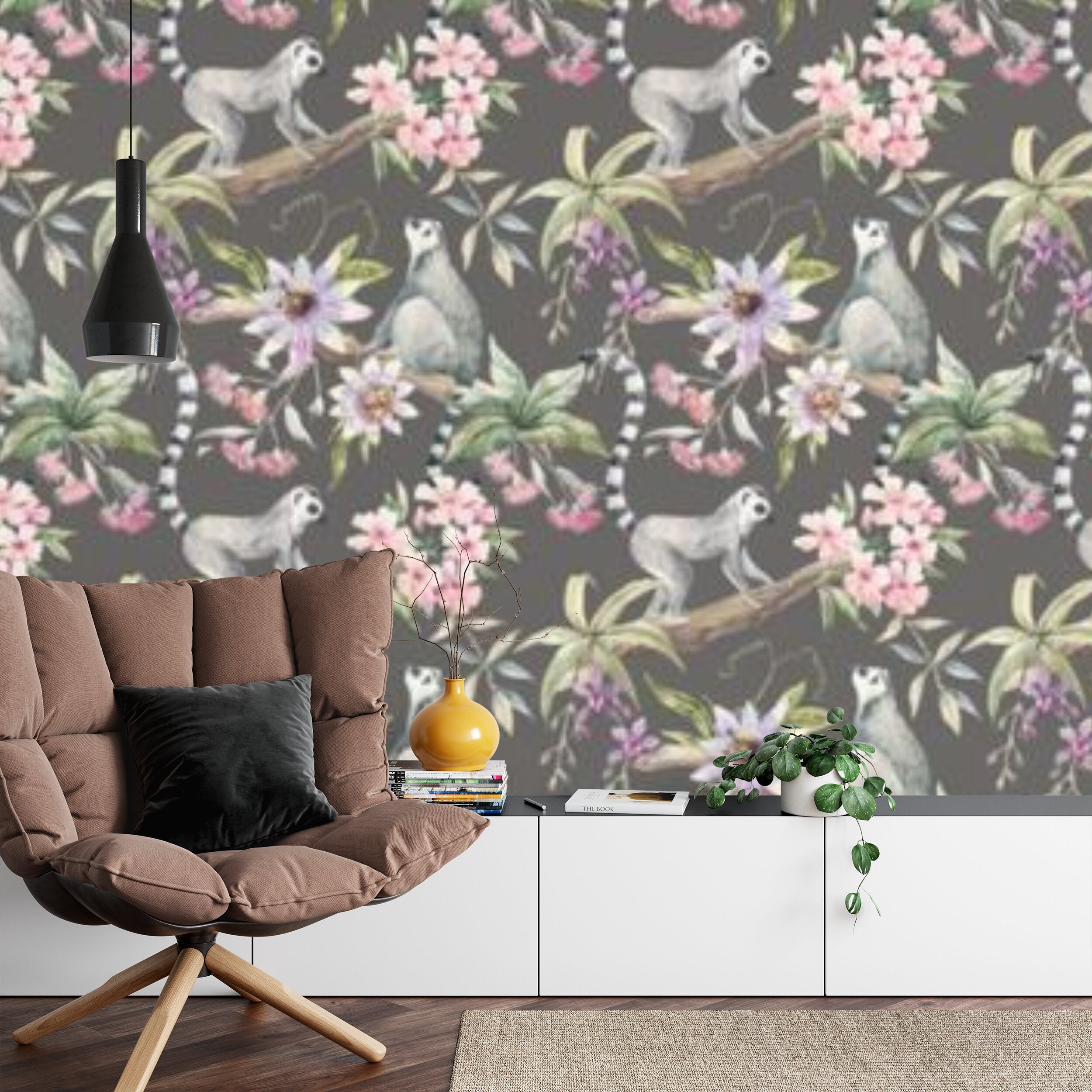 Papier peint panoramique Lémuriens et passiflores — motif tropical animalier