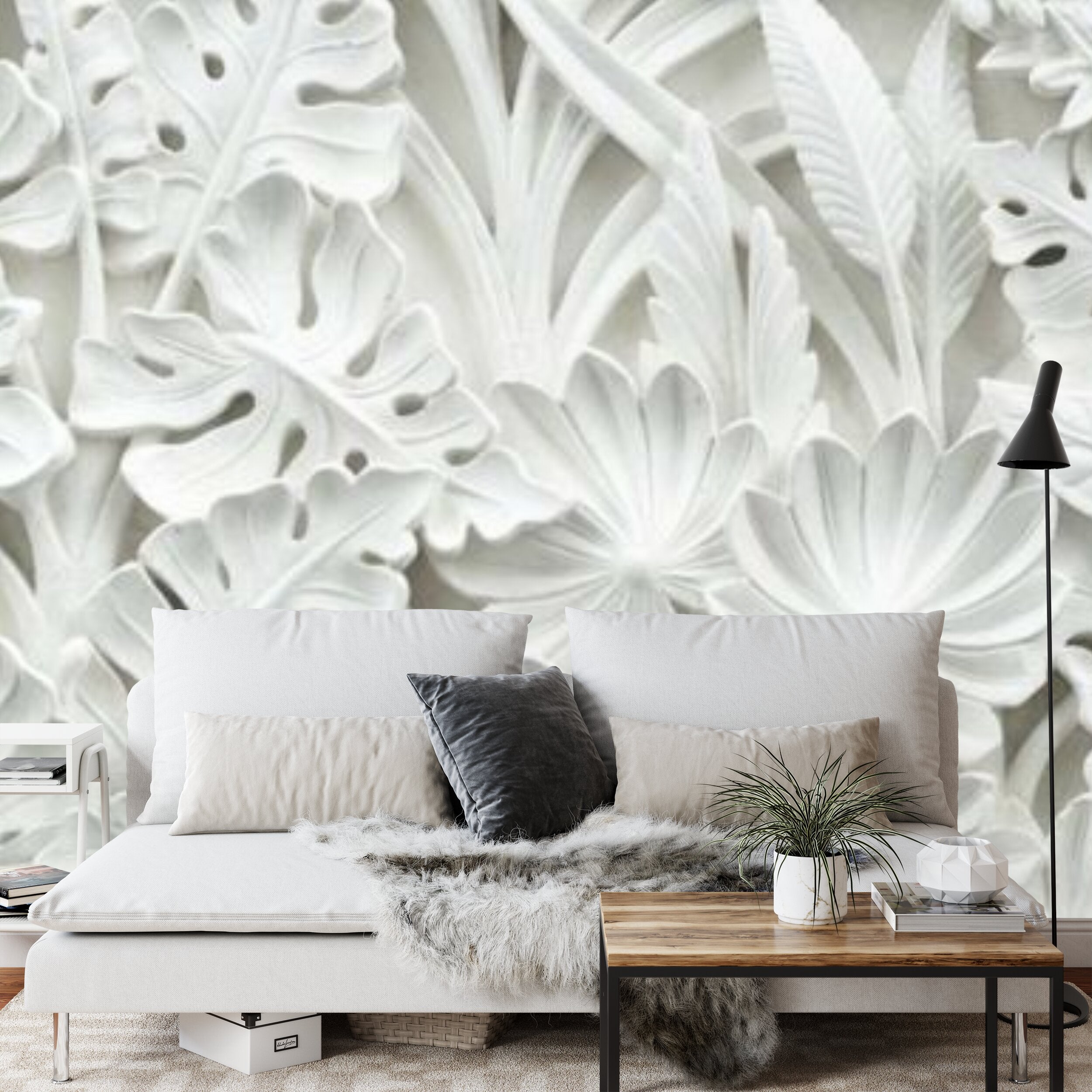 Papier peint panoramique Feuillage sculpté — relief blanc en pierre