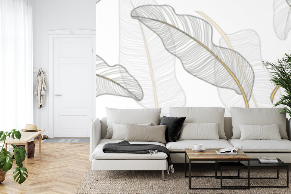 Papier peint panoramique Feuilles au trait doré — motif graphique épuré