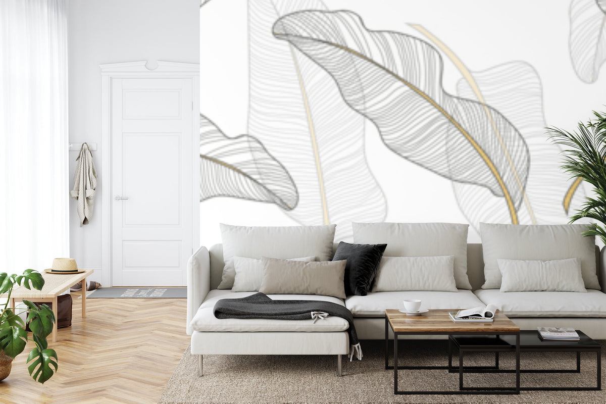Papier peint panoramique Feuilles au trait doré — motif graphique épuré