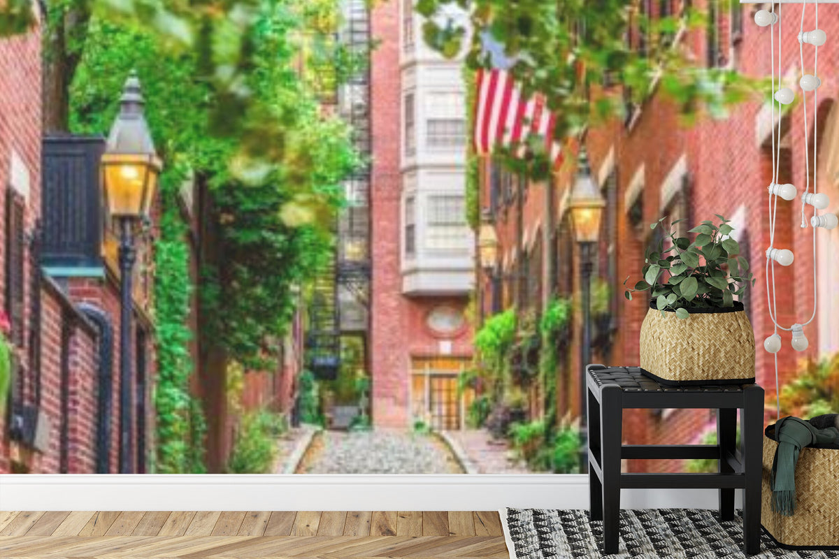 Papier peint panoramique Ruelle pavée — paysage urbain rouge brique et vert