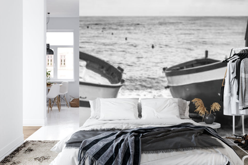 Papier peint panoramique Barques de pêche — paysage marin noir et blanc