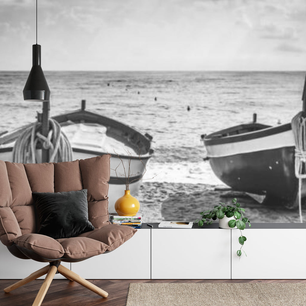 Papier peint panoramique Barques de pêche — paysage marin noir et blanc