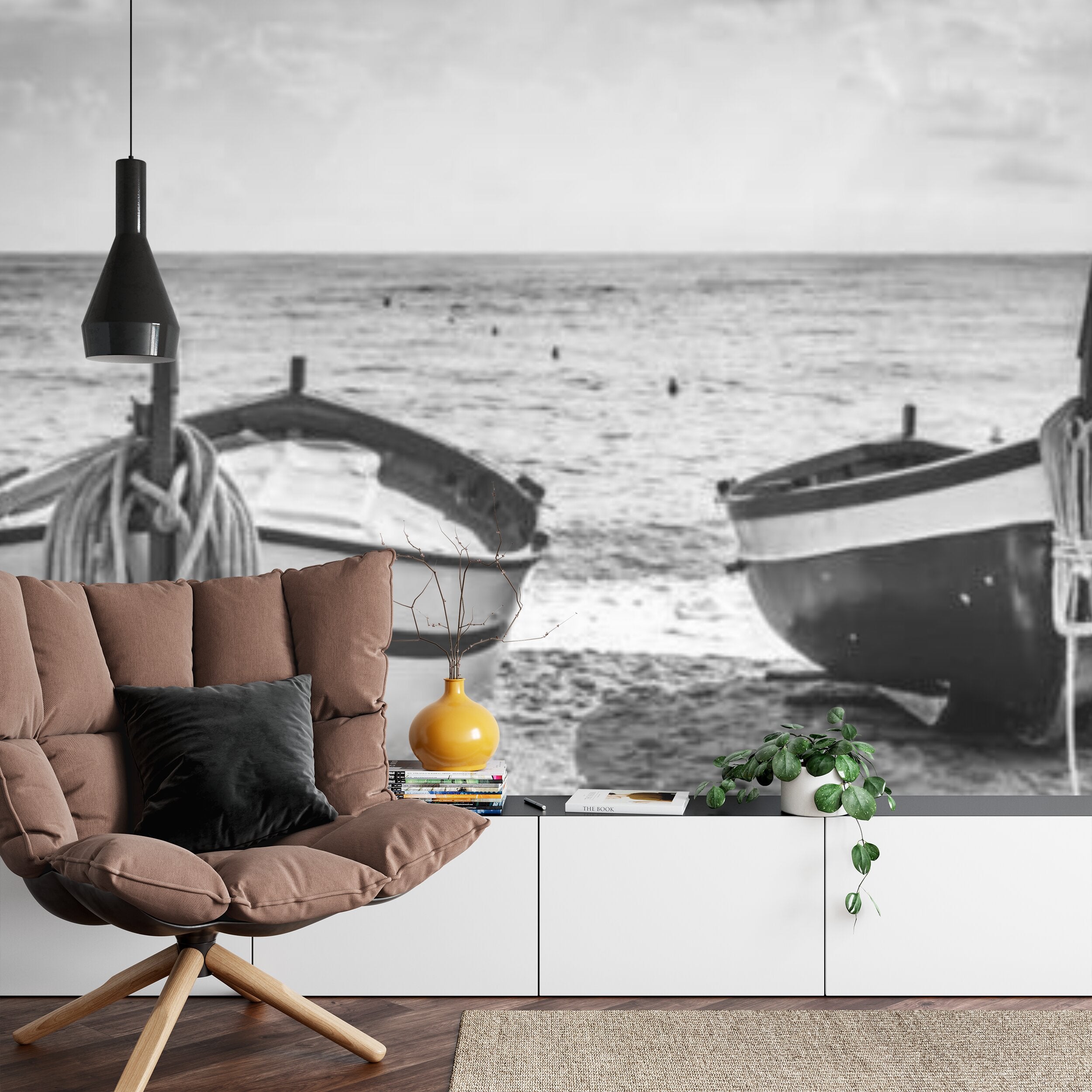 Papier peint panoramique Barques de pêche — paysage marin noir et blanc