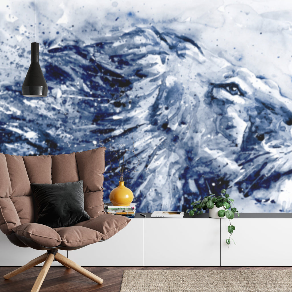 Papier peint panoramique Lion à l'aquarelle — bleu indigo sur blanc